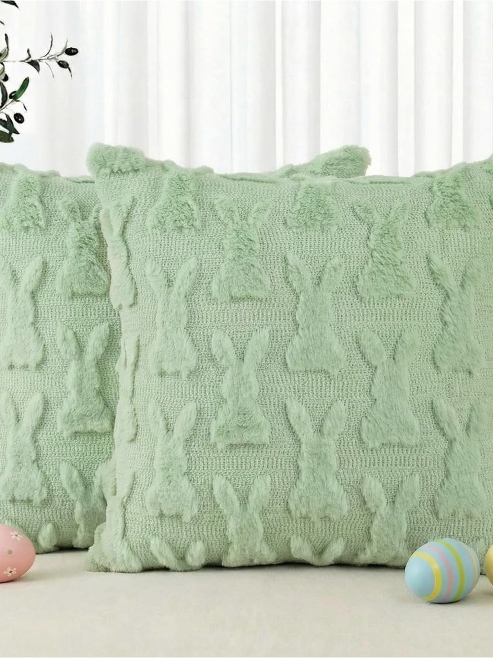 Mint Green Bunny Texture Throw Pillow Covers- Set of 2